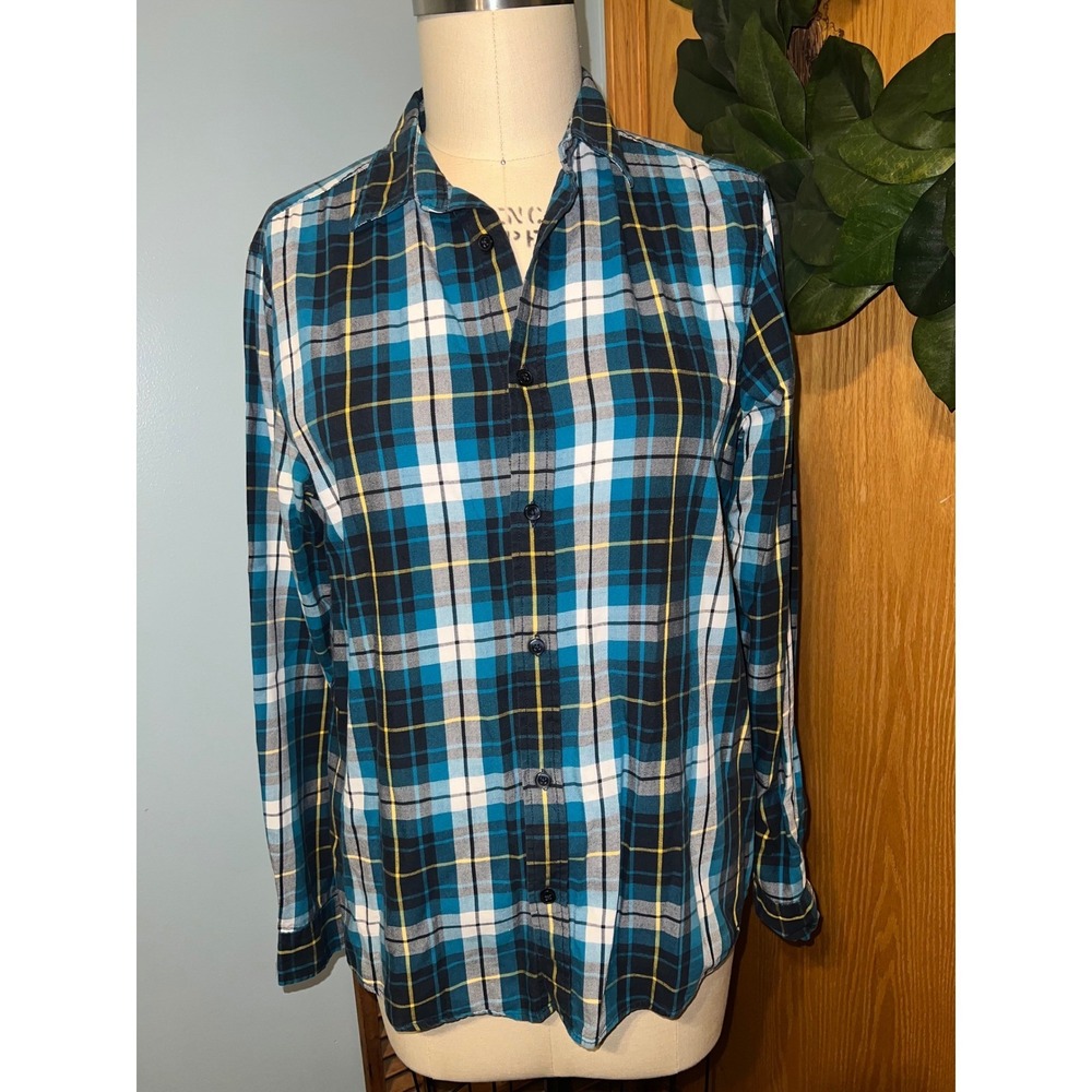 H&M‎ Men's Plaid Long Sleeve Button Up Shirt Teal Blue Yellow Black Size M